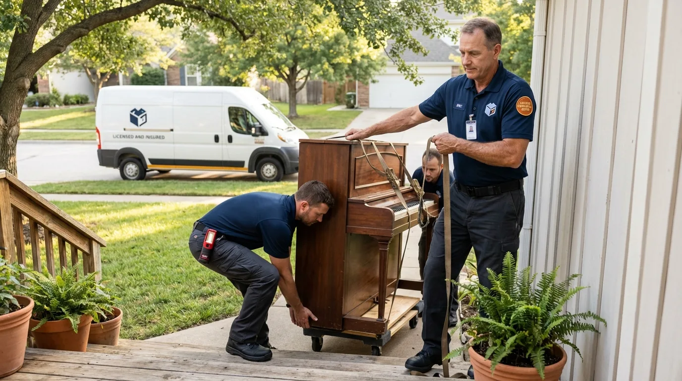 Licensed piano movers securing grand piano in Woodstock, VA