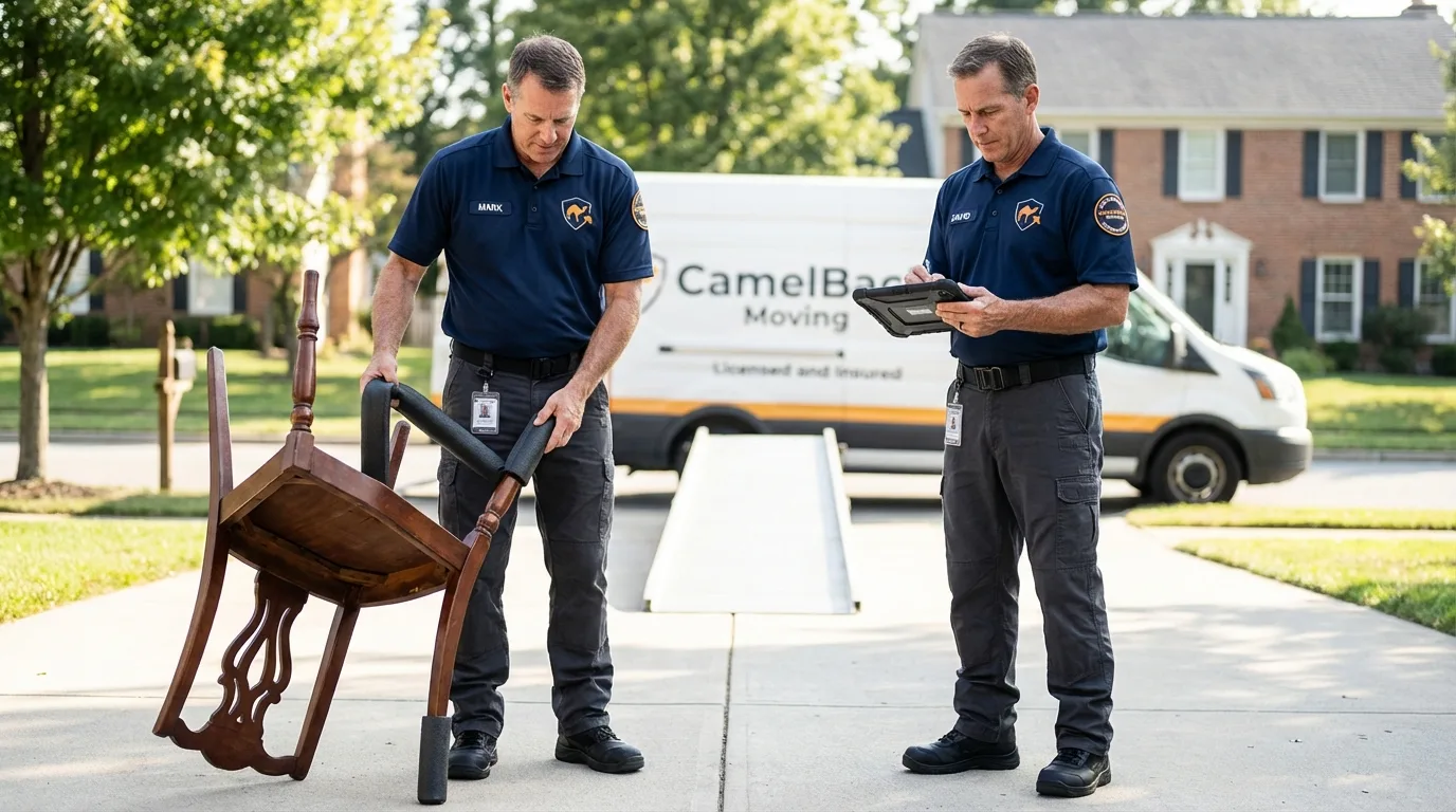 Movers inspecting furniture for damage prevention before loading in Woodstock, VA