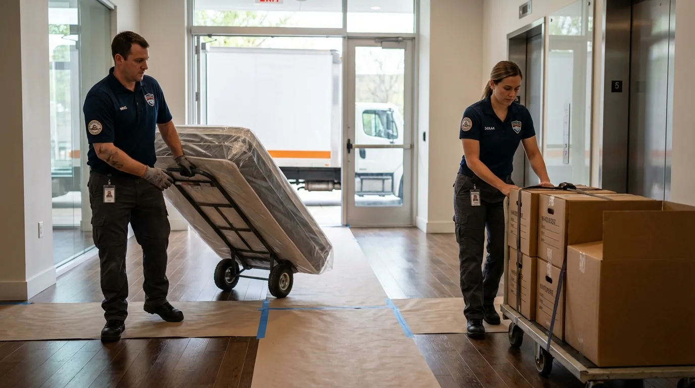 Professional apartment movers loading elevator in Woodstock, VA